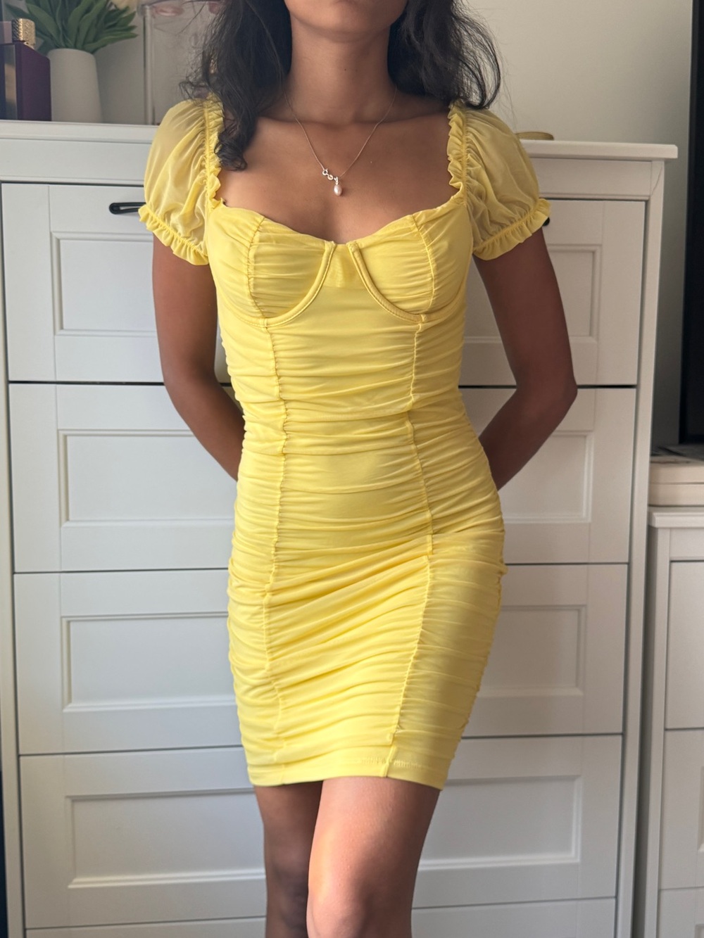 Fashion Nova Lemon Ruched Sweetheart Mini Dress